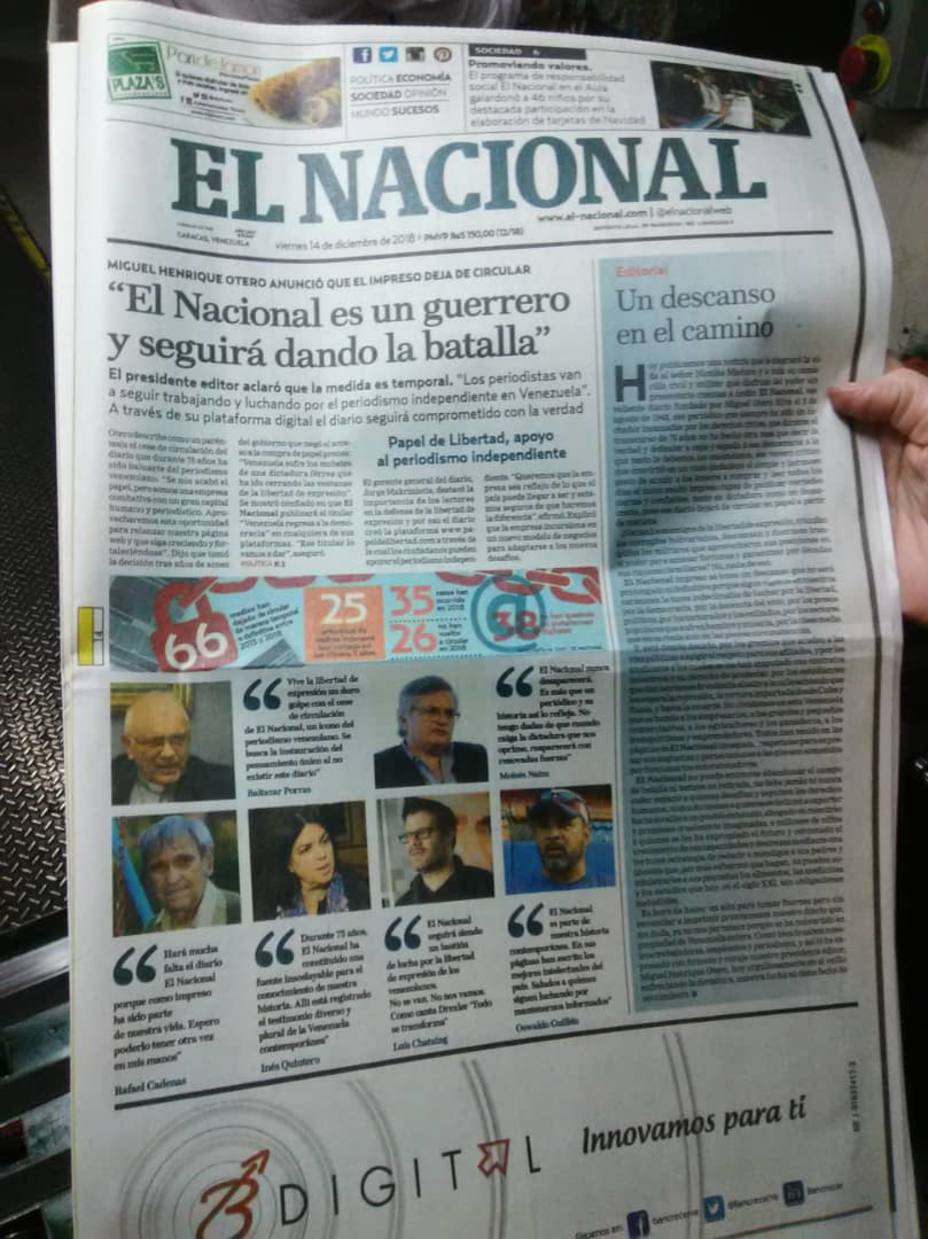 La primera página de El Nacional y la última de la edición impresa