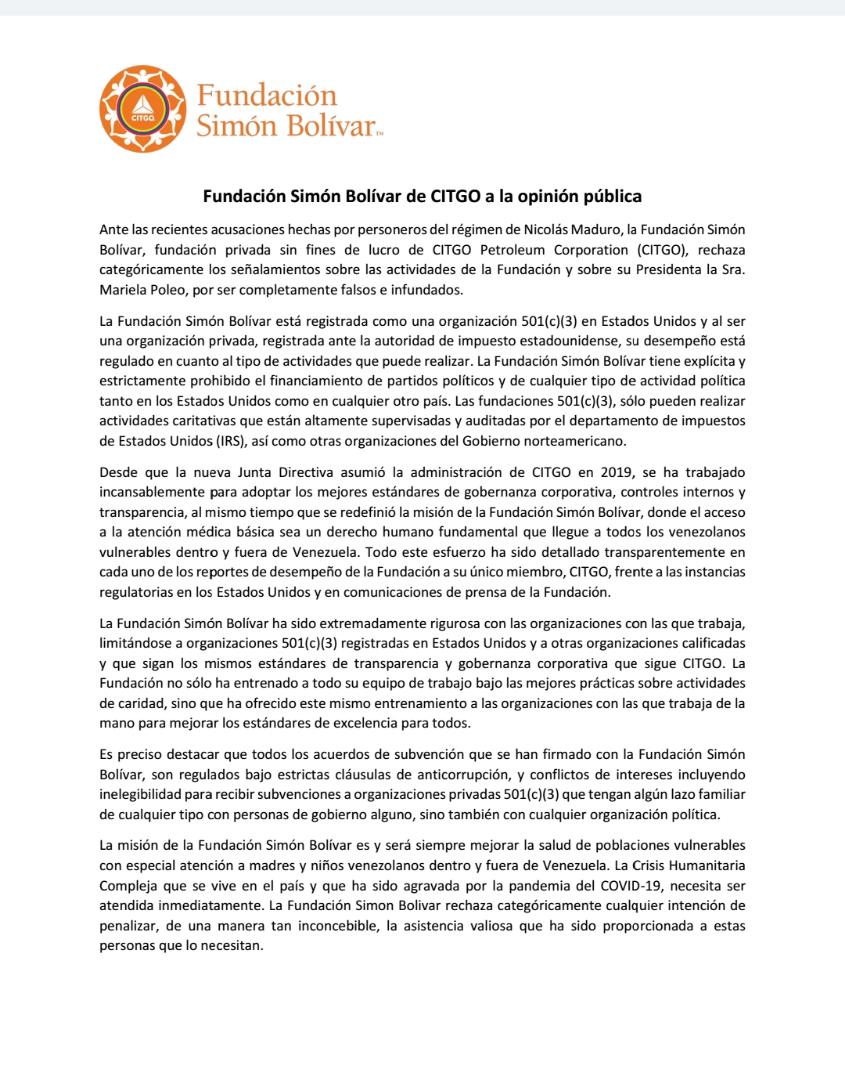 Fundación Simón Bolívar de Citgo niega acusaciones sobre financiamiento de partidos políticos