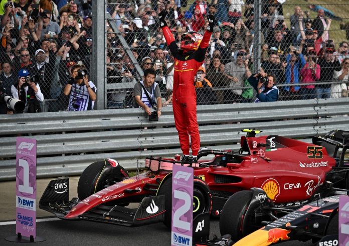 Ferrari driver Carlos Sainz wins the British GP, his first victory in F1